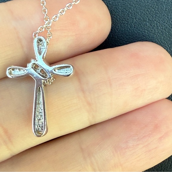 Beautiful Silver Tone Delicate Cross Pendant Necklace with 3 CZ Accents - Picture 3 of 10